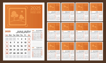 Set of 12 vertical calendar pages for 2025 with place for photo. Vector design template. Week starts on Sunday.