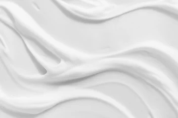 Foto op Plexiglas White foam cream texture. Cosmetic cleanser, shower gel, shaving foam background. Creamy cleansing skincare product bubbles. © Kat Ka