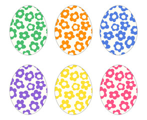 Set of Easter egg icons. Simple cartoon flat vector illustration with egg silhouettes with floral pattern print, isolated on white. Groovy and funky 60s, 70s style