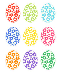 Set of Easter egg icons. Simple cartoon flat vector illustration with egg silhouettes with floral pattern print, isolated on white. Groovy and funky 60s, 70s style