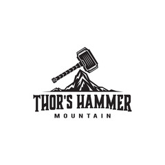 Thor's hammer illustration design logo on top of the mountain, thunder god template, symbol - obrazy, fototapety, plakaty