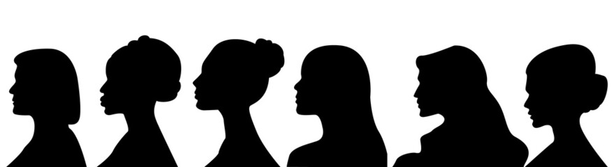 Women faces icons. Woman silhouette .Female face in profile.Womens heads in profile.Black silhouette outline.