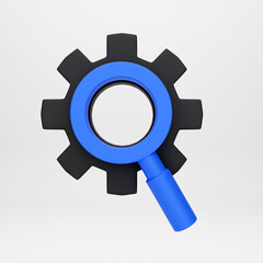 3d cartoon icon magnifying glass with gear  for mockup template presentation infographic  3d render illustration