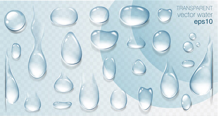 Realistic transparent water drops set. Rain drops on the glass. Isolated vector illustration - obrazy, fototapety, plakaty