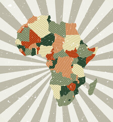 Naklejka premium Africa vintage map. Grunge poster with map of the continent in retro color palette. Shape of Africa with sunburst rays background. Vector illustration.