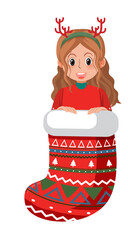 A cute girl in Christmas stocking in cartoon style