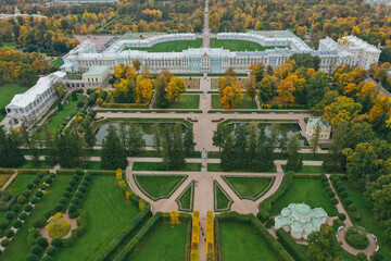 Aerial view of Catherine Park in Tsarskoye Selo of Pushkin, autumn garden from above, patterns and...