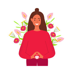 Vector cartoon illustration of a happy woman showing a heart in the lower abdomen with her hands. The concept of gynecology and health hygiene. Isolated design on a white background.