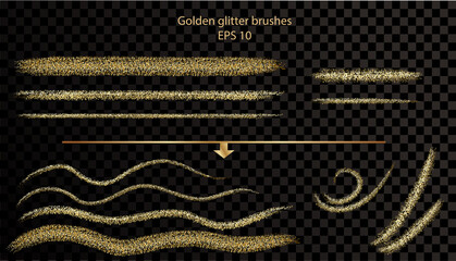 Gold glitter brushes stroke collection on dark background. Isolated golden glitter elements