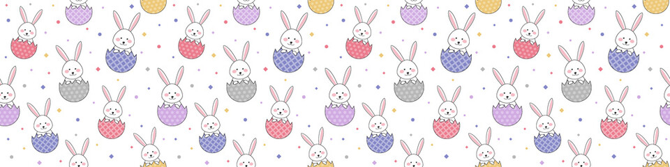 Easter texture with smiley bunnies and eggs. Seamless pattern. Banner. Vector