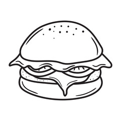 Black outline burger icon. Doodle hamburger silhouette. Hand drawn fast food drawing. Vector illustration