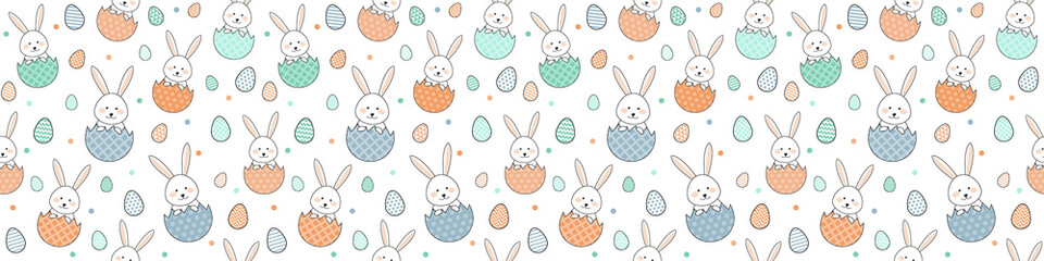 Smiley Easter bunnies and decorative eggs. Concept of a seamless pattern. Banner. Vector