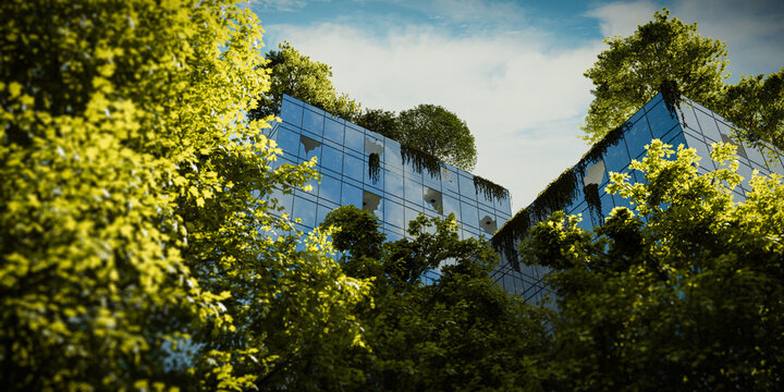 Post-apocalyptic office building overgrown with trees and vegetation - the concept of the apocalypse after the outbreak of nuclear war - 3d render