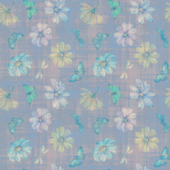 Abstract botanical background of flowers, butterflies and dragonflies. Seamless ornament for wrapping paper, design, print. Delicate flowers painted in watercolors, digitally processed.