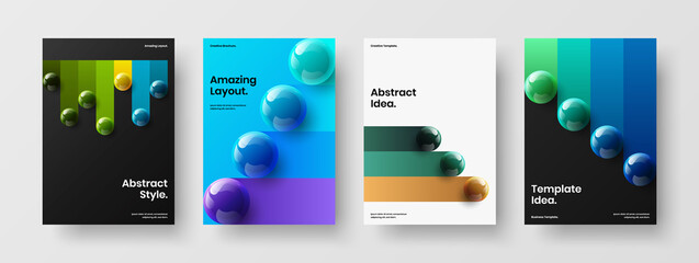 Isolated magazine cover design vector illustration bundle. Colorful realistic spheres presentation template set.