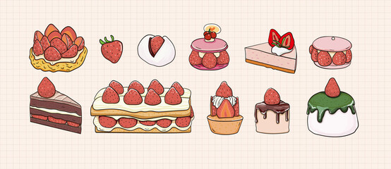Strawberry Cake Sweet Dessert Objects collection Free Vector