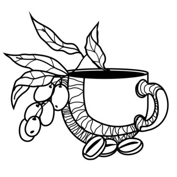 Coffee cup with beans in black line graphic for emblem or logo design vector isolated.
