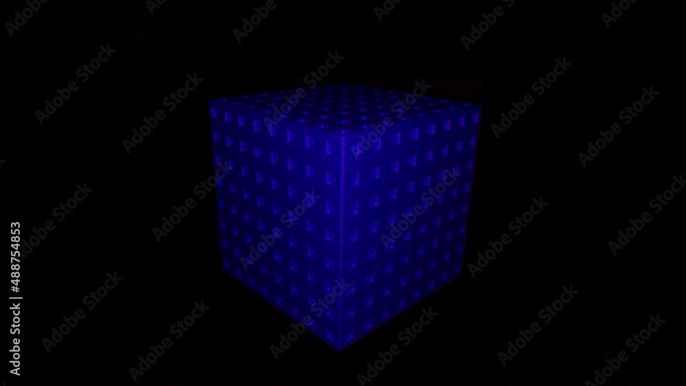 Aufkleber close up of blue 3d cube rotating isolated on a black background, seamless loop. design. spinning fi