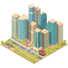 isometric city district with skyscrapers roads and tram, vector illustration