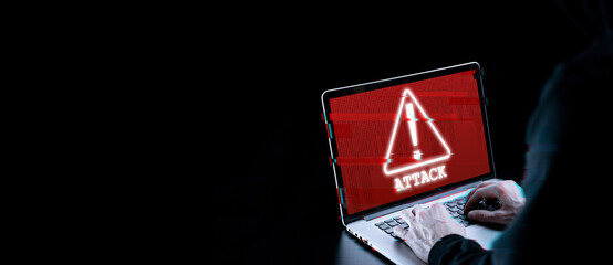 Hacker attack cyber security. Digital laptop in hacker man hand isolated on black. Blurred Internet web hack technology with glitch effect. Login and password, cybersecurity banner concept.