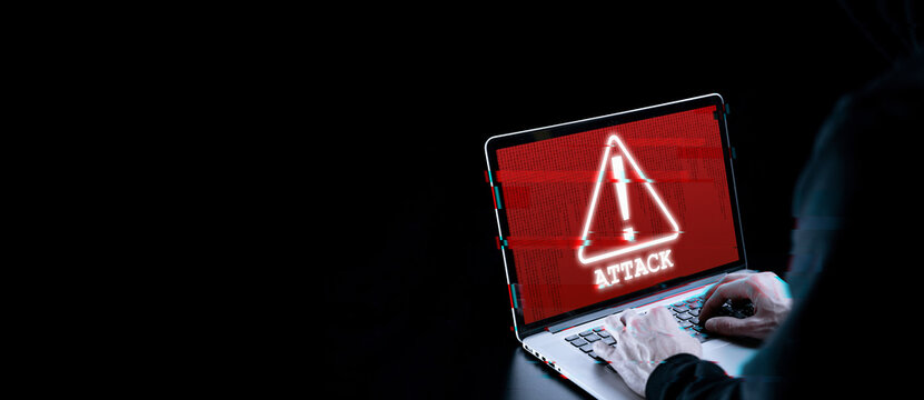 Hacker attack cyber security. Digital laptop in hacker man hand isolated on black. Blurred Internet web hack technology with glitch effect. Login and password, cybersecurity banner concept.