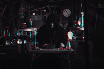 man in alchemist's costume in laboratory with jars by candlelight. Cosplay of computer game character with 3D glitch effect of virtual reality black and white
