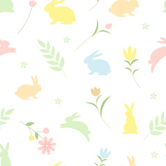 Colorful rabbits with cute flowers on a white background. Seamless vector pattern.