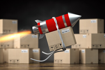 Fast delivery packet or parcel concept. Rocket with cardpoard box. - 488755266