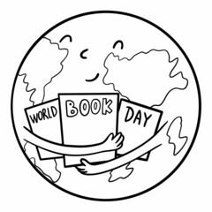 World Book Day card. vector hand drawn Earth with book in doodle style. Open books isoleted on white