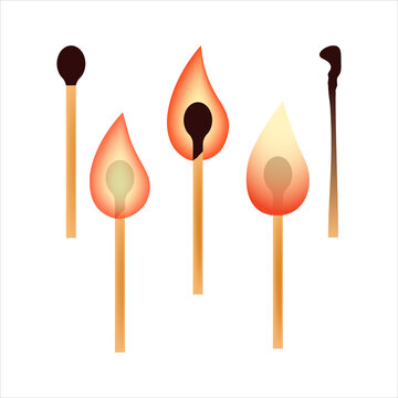 Set of matches with fire and an extinct match with a gradient and mesh fill. Vector illustration