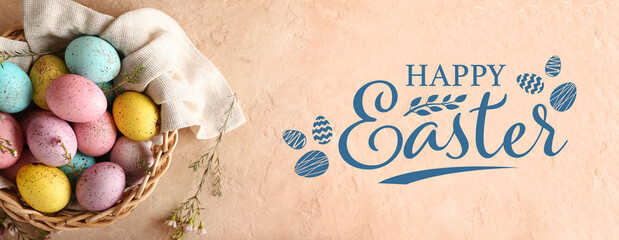Beautiful Easter greeting card with painted eggs in basket