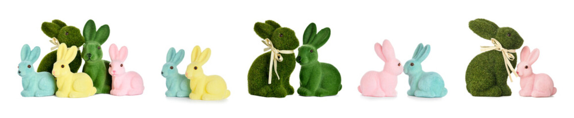 Different Easter bunnies on white background