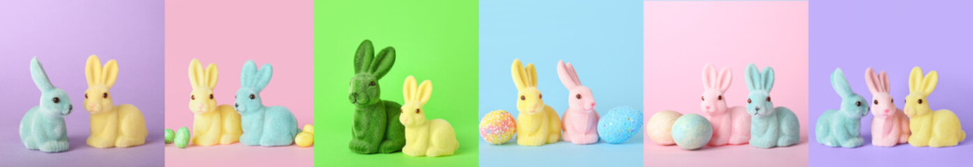 Cute Easter bunnies and eggs on colorful background