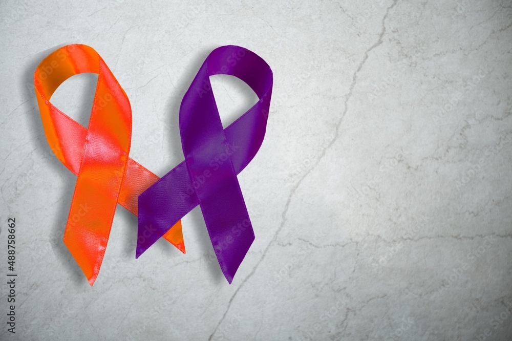 Poster February awareness month campaign with purple and orange ribbon concept