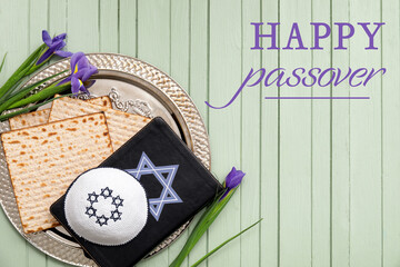 Beautiful greeting card for Happy Passover with Seder plate, Torah and matzo
