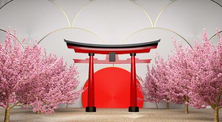 torii gates red with semicircle red and Cherry blossom on white background. 3d rendering