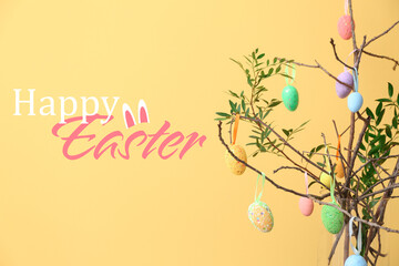 Creative greeting card for Easter celebration with eggs hanging on tree branches