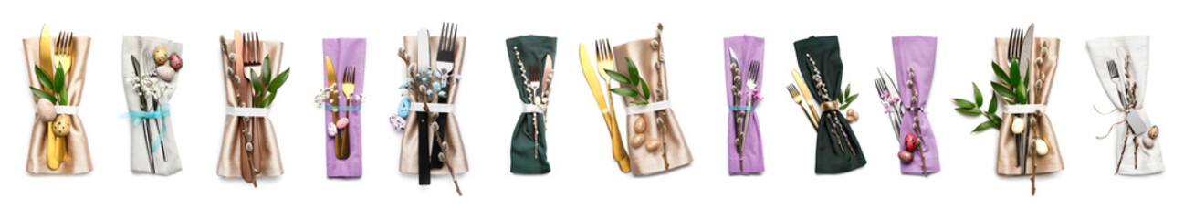 Collection of stylish table settings for Easter celebration on white background