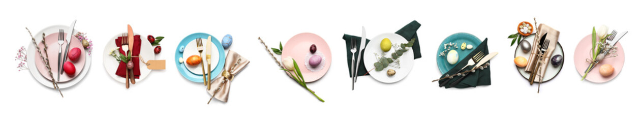 Collection of stylish table settings for Easter celebration on white background