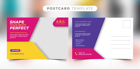 Gym Center and Fitness Postcard Template Design. Gym, Fitness, Cross Training Workout, Postcard Template