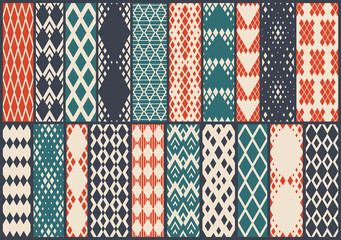 Rhombuses seamless geometric vector pattern set, rhomb simple black and white wallpaper background, regular tile design picture collection.