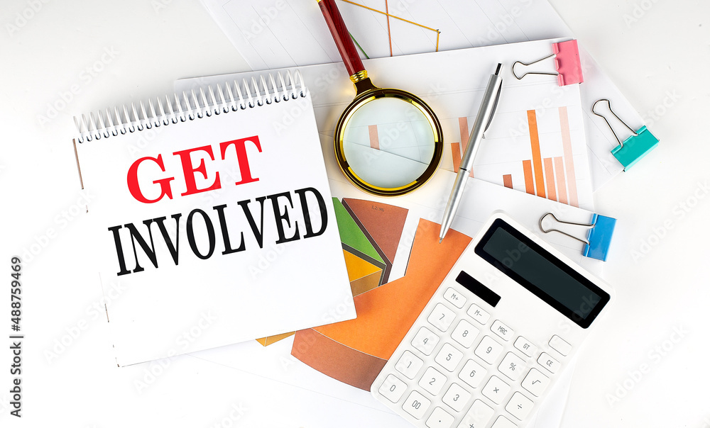 Poster white notepad text get involved with diagram,chart,calculator on the white background