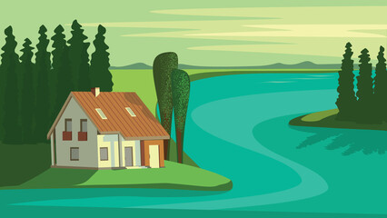 Cartoon landscape, country house by the river and forest, flat vector art, illustration, nature background.