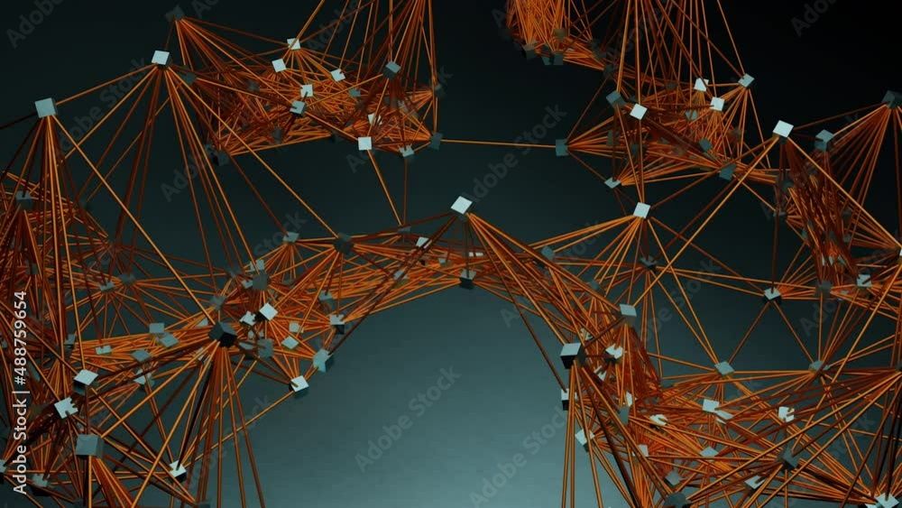 Poster Moving computer networks of dots and lines. Design. Emerging and disappearing neural networks in computer space. Formation of connected lines with points on Internet