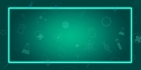 Medical green background with icons (pill, virus, medical equipment, test tubes, capsule, heart) and copy space. Rectangular, horizontal medical illustration.