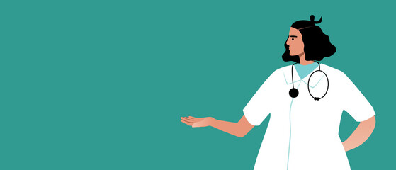 Female nurse or doctor in white coat, flat vector stock illustration or template with space for text