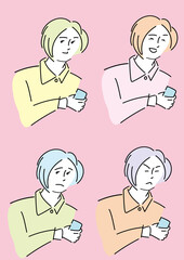 スマホを持ってさまざまな表情をしている女性のイラスト
