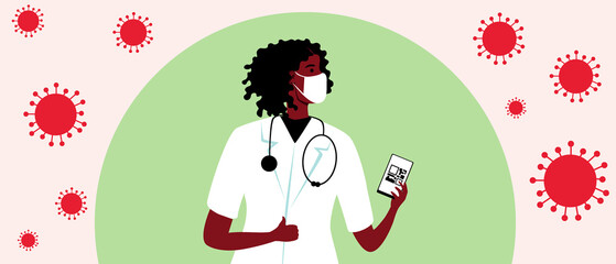 African doctor with QR code on phone screen, flat vector stock illustration, concept fight against covid, virus, flu