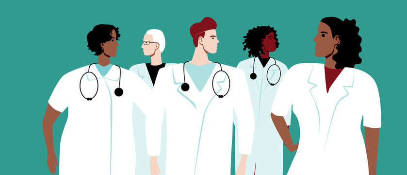 Doctors, interns or residents are together isolated, flat vector stock illustration with group of people in white coats as training profession