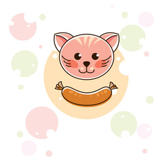 Vector illustration of lovely cartoon kitten on colorful background with tasty sausage and bubbles.
